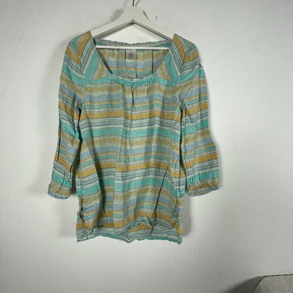 Lands' End Womens 3/4 Sleeve Linen Top Medium 10-12 Yellow Blue Striped Pattern